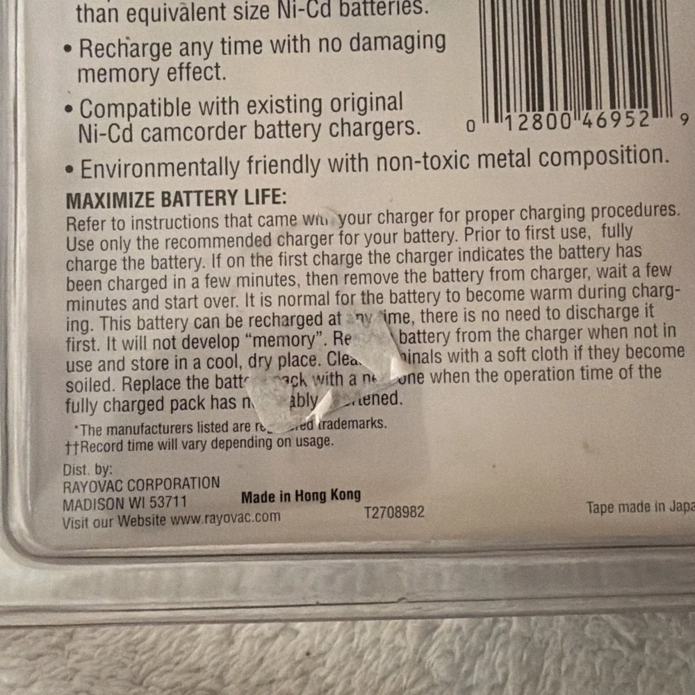 Rayovac Camcorder Battery RV-4019T 6V/3600mAh New Panasonic JVC Qasar Magnavox
